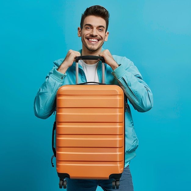 a man holding a suitcase that says quot the suitcase is orange quot