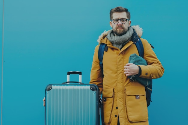 a man holding a suitcase with a blue suitcase with a blue background behind him