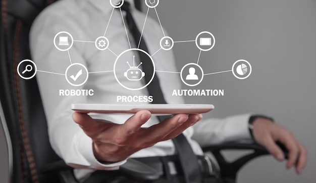 Man holding tablet. RPA-Robotic Process Automation. Business, Technology