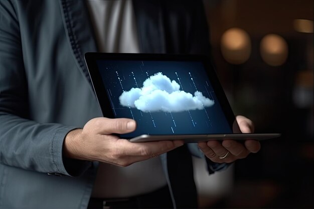 A man holding a tablet with a cloud on it for concept of cloud computing