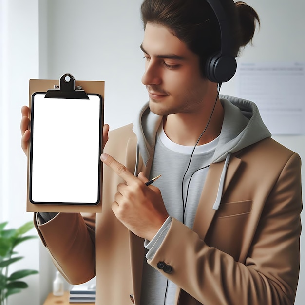 a man holding a tablet with headphones on it