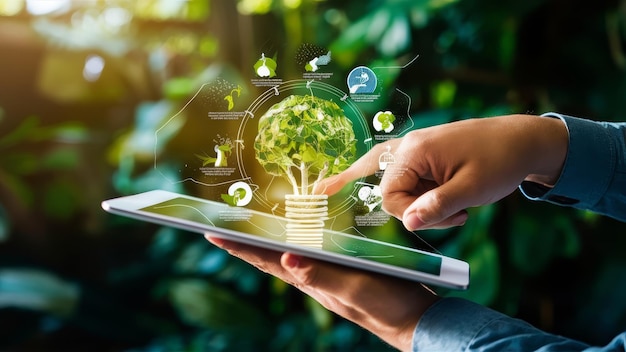 a man holding a tablet with a light bulb and a green plant on the screen