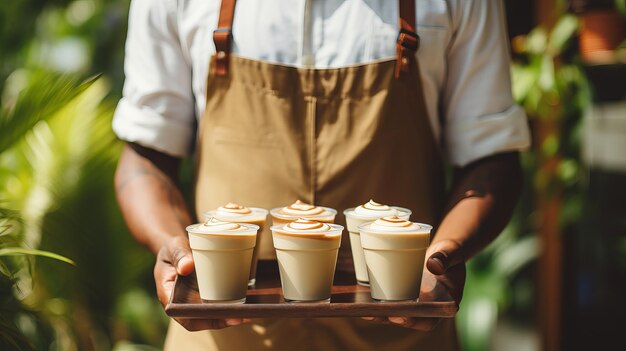 Photo a man holding a tray of cupcakes with cream and cinnamon on it