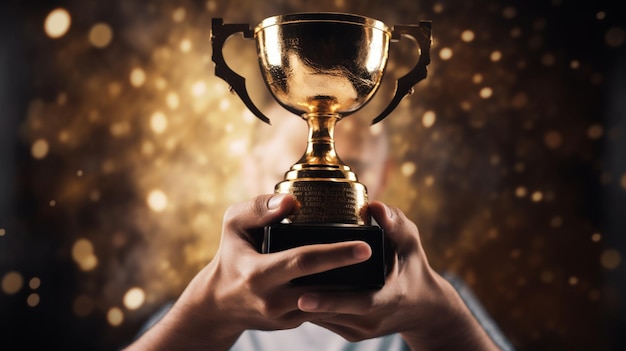 A man holding a trophy that says'win'on it