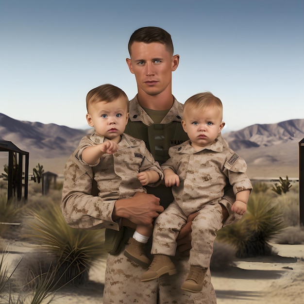 A man holding two babies in a desert with mountains in the background.