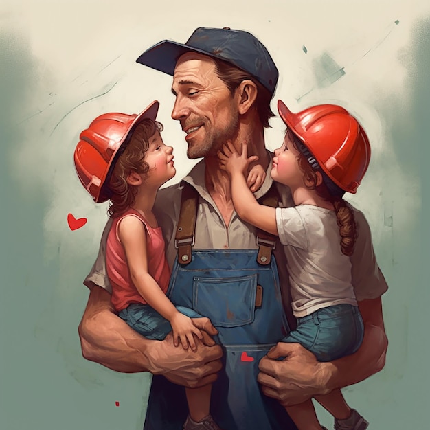 A man holding two children wearing hard hats and a hat with a red heart on it.