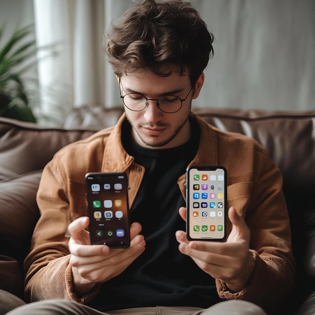 Photo a man holding two iphones in his hands