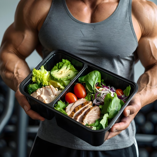 Photo a man holding two trays of food including a bodybuilder