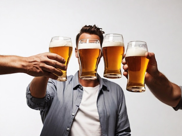 Photo a man holding up a bunch of beer glasses with the word beer on it