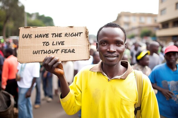 A man holding up a cardboard sign in front of a crowd generative ai image