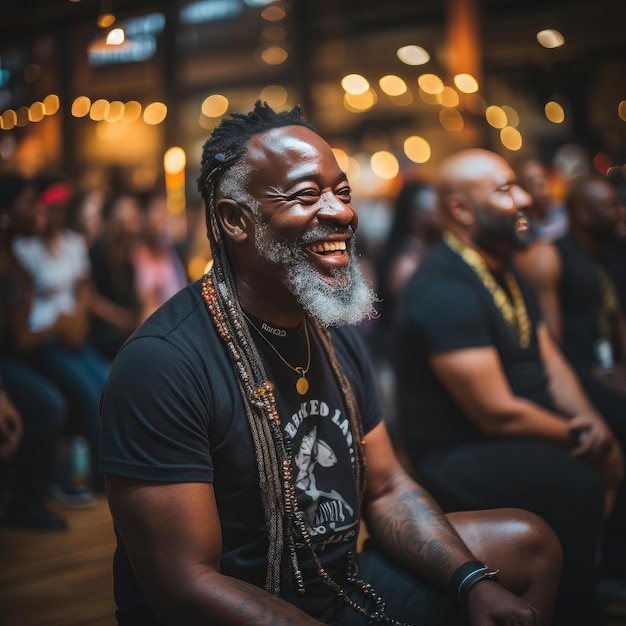 Man holding up dreadlocks and smiling in crowd