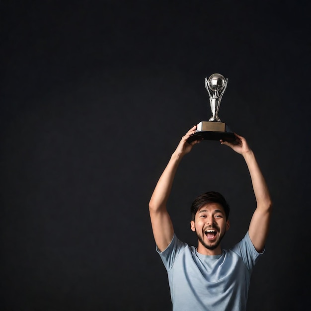 Photo a man holding up a trophy that says quot i am a winner quot