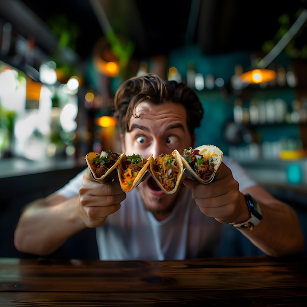 Photo a man holding up two burritos with one hand