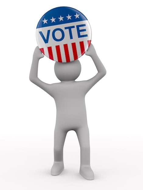 Photo man holding vote pin badge on white background isolated 3d illustration