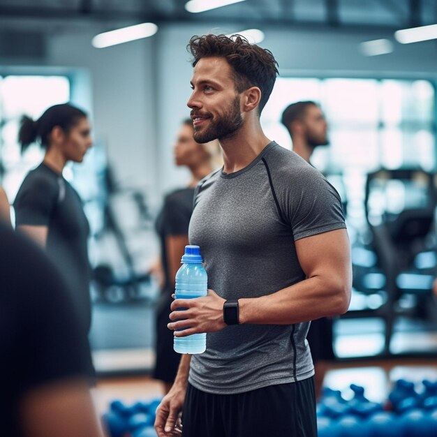 Photo man holding a water bottle during a workout session in a modern gym filled with exercise equipment