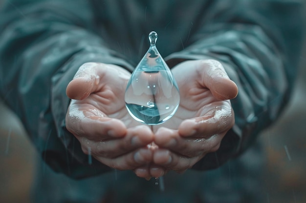 a man holding a water drop that has a boat in it