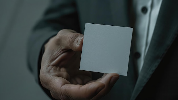 Man holding white business card on concrete wall background