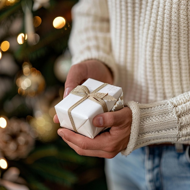 a man holding a white gift in his hand