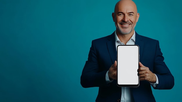 a man holding a white ipad in his hands