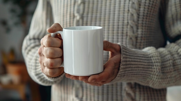 Photo man holding white mug indoors closeup mock up for design