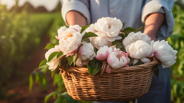 Man holding a wooden basket with white peony flowers AI generated image