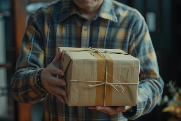 A man holding a wrapped present box in his hands with a string tied around it and a smile on his