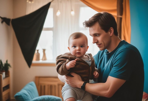 a man holds a baby in his arms