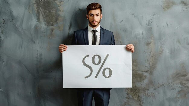 Photo a man holds a blank sign that says percent