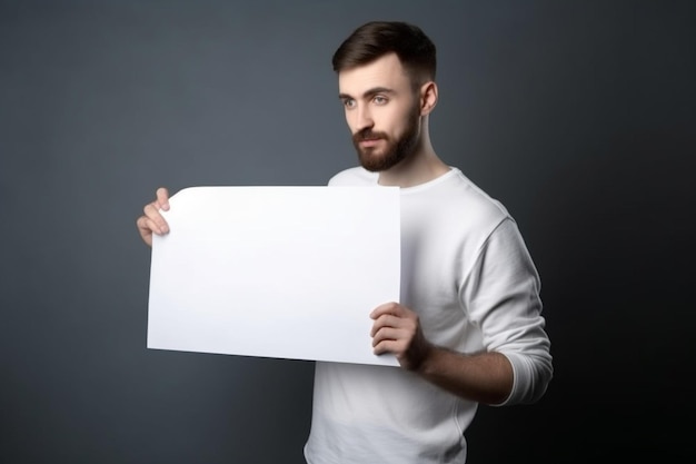 A man holds a blank white sign board mockup in his hand