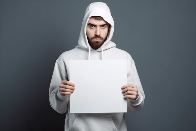 A man holds a blank white sign board mockup in his hand