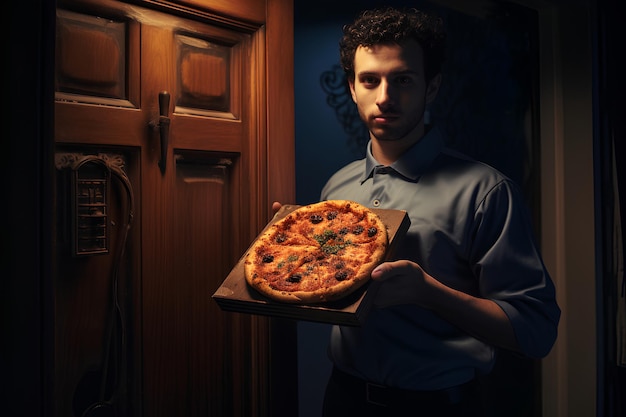 A Man Holds a Box of Food as He Is Standing Next To The female