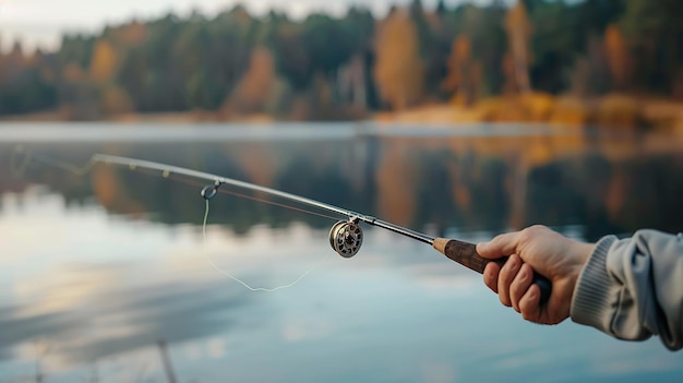 a man holds a fishing rod in his hand and holds a fish in his hand