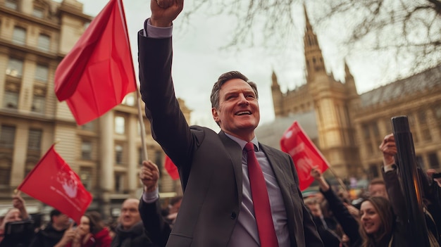 a man holds a flag in a crowd of people