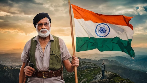 a man holds a flag that says quot india quot on it