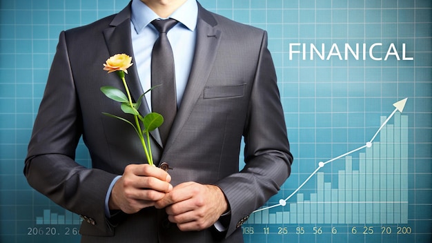 a man holds a flower in his hand and the word financial on the screen