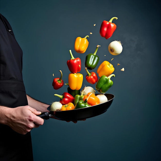 a man holds a frying pan with a bunch of peppers