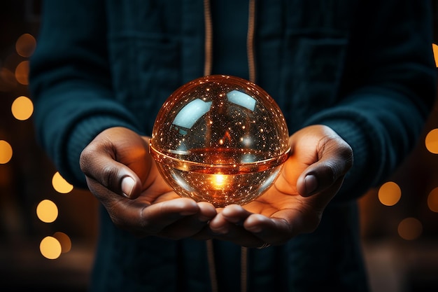 a man holds a glass ball that has the word light on it