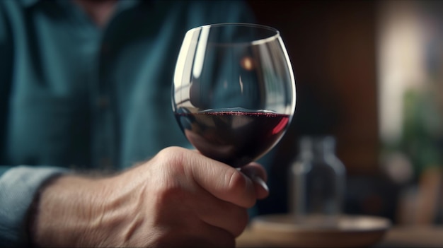 A man holds a glass of red wine in front of a bottle of wine.