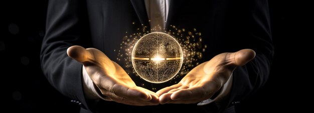 Photo a man holds a globe in his hands with the world in the background