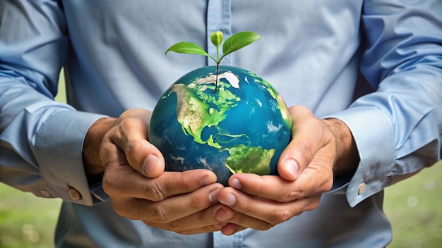 a man holds a globe with a tree growing out of it