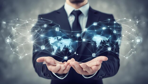 a man holds a globe with the word world in the hands