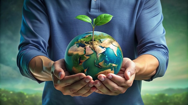 a man holds a globe with the world around it