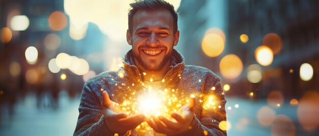 Photo a man holds a glowing light in his hands