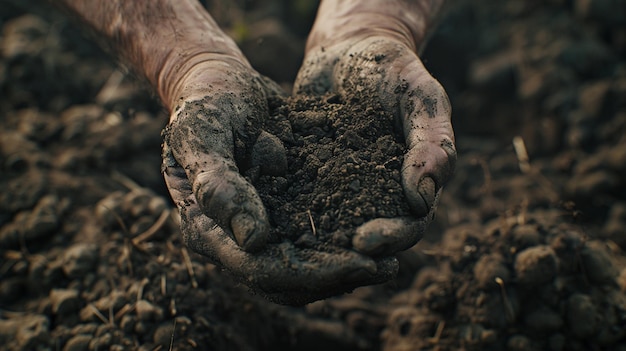 a man holds a handful of dirt in his hands