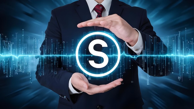 a man holds his hands in front of a logo that says s on it