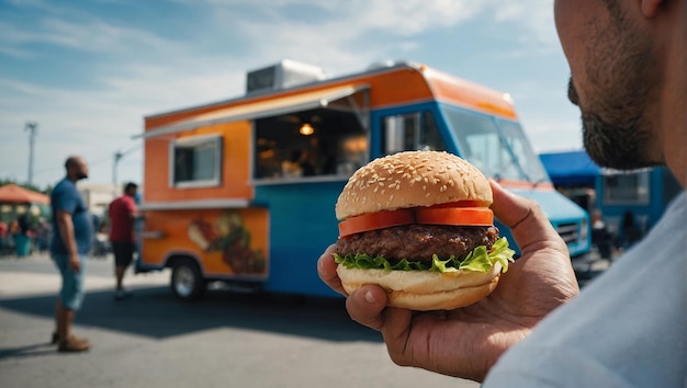 Photo a man holds a juicy hamburger with tomatoes and lettuce against the background of a bright orange and blue food truck