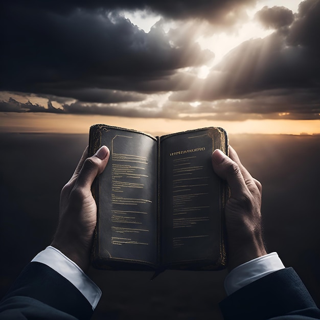 A man holds an open Bible against the background of a cloudy nabe with sunlight Generation AI