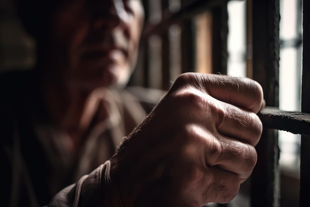 A man holds a pen in his hand to his right and looks out of a window.