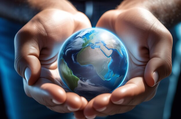 Man holds the planet Earth in his hands Save the planet concept Earth Hour Earth Day