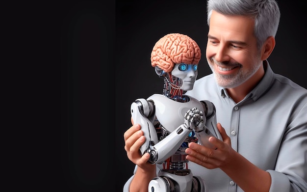 a man holds a robot with a brain on his head